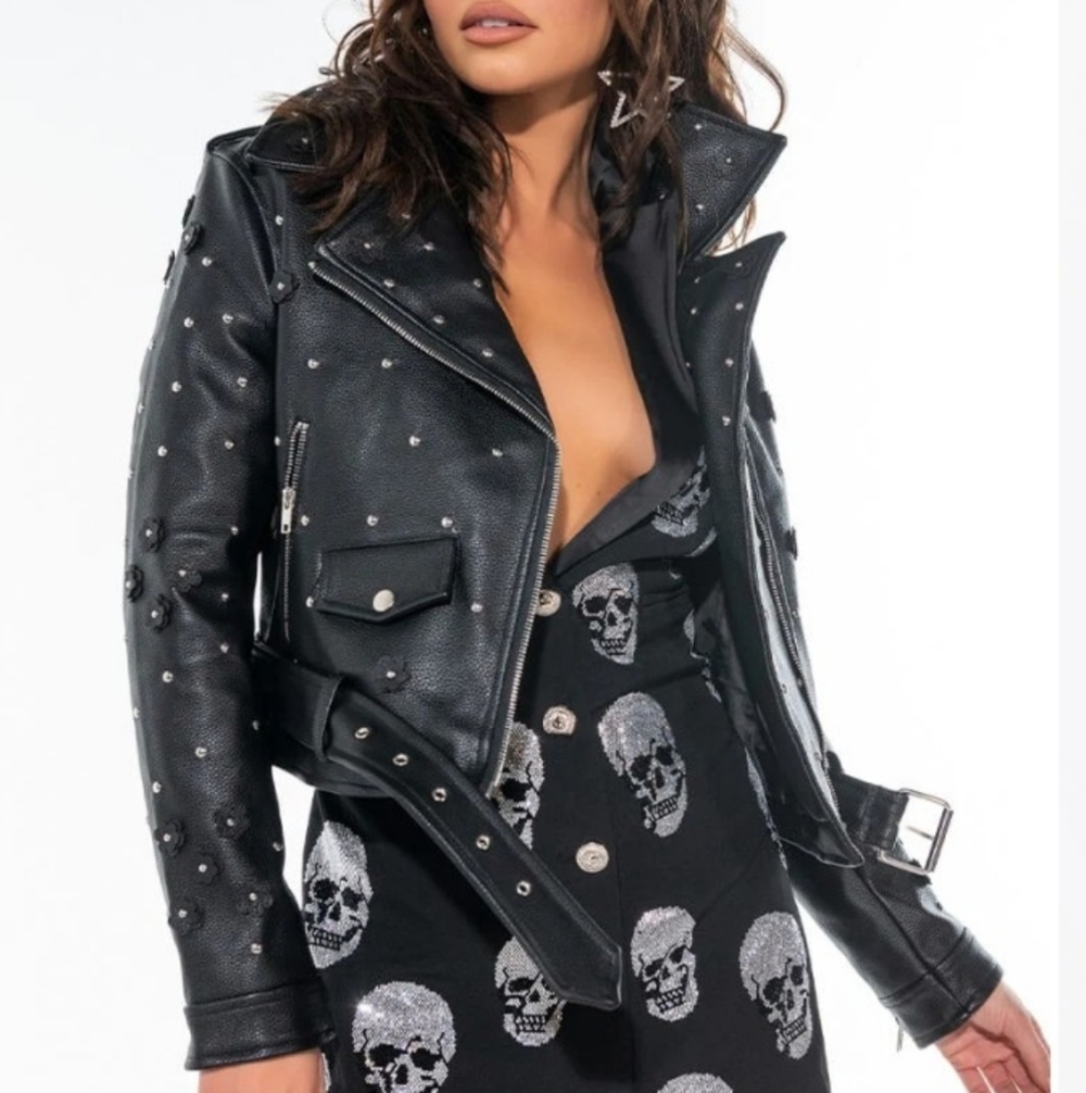 NWOT AZALEA WANG ANWAR BLACK FLOWER MOTO STUDDED JACKET SIZE S - Picture 15 of 16